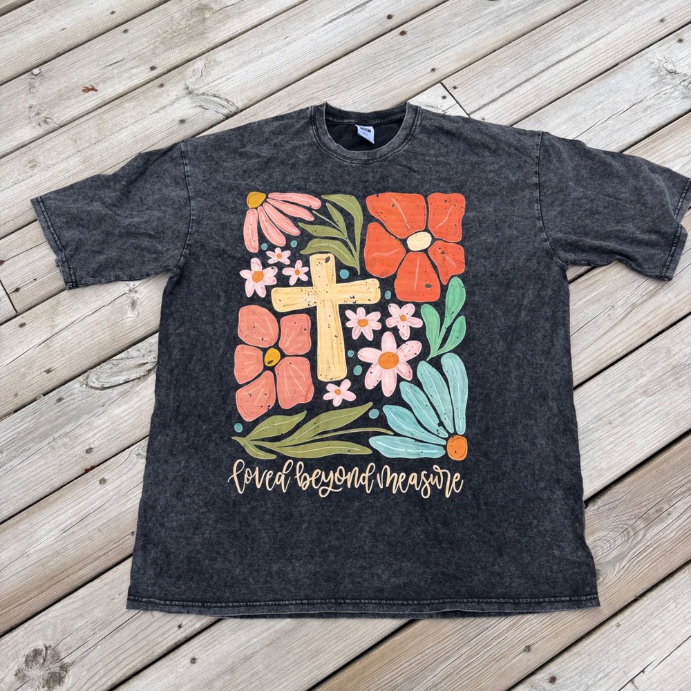 Digiprint Apparel Loved Beyond Measure Floral Cross Mineral Wash T-Shirt 3XL